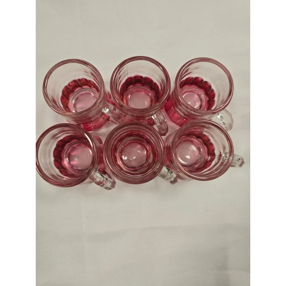 Vintage Ruby Red Glass Mini Mugs Shot Glasses Set of 6‎ Thumbprint Paneled